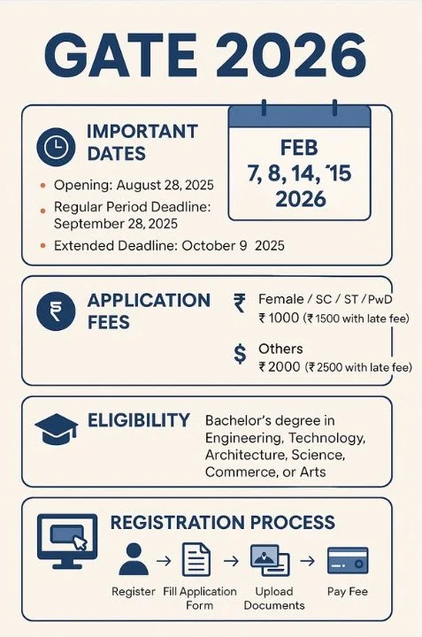 GATE 2026 Infographic: Key Dates, Fees, Eligibility, and Registration Process at a Glance